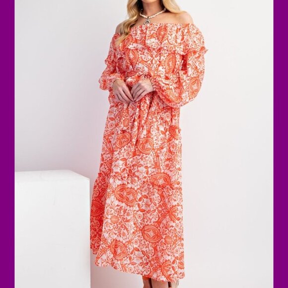 Easel Sunset Orange Printed Off-Shoulder Maxi Dress NWT M - Picture 6 of 10